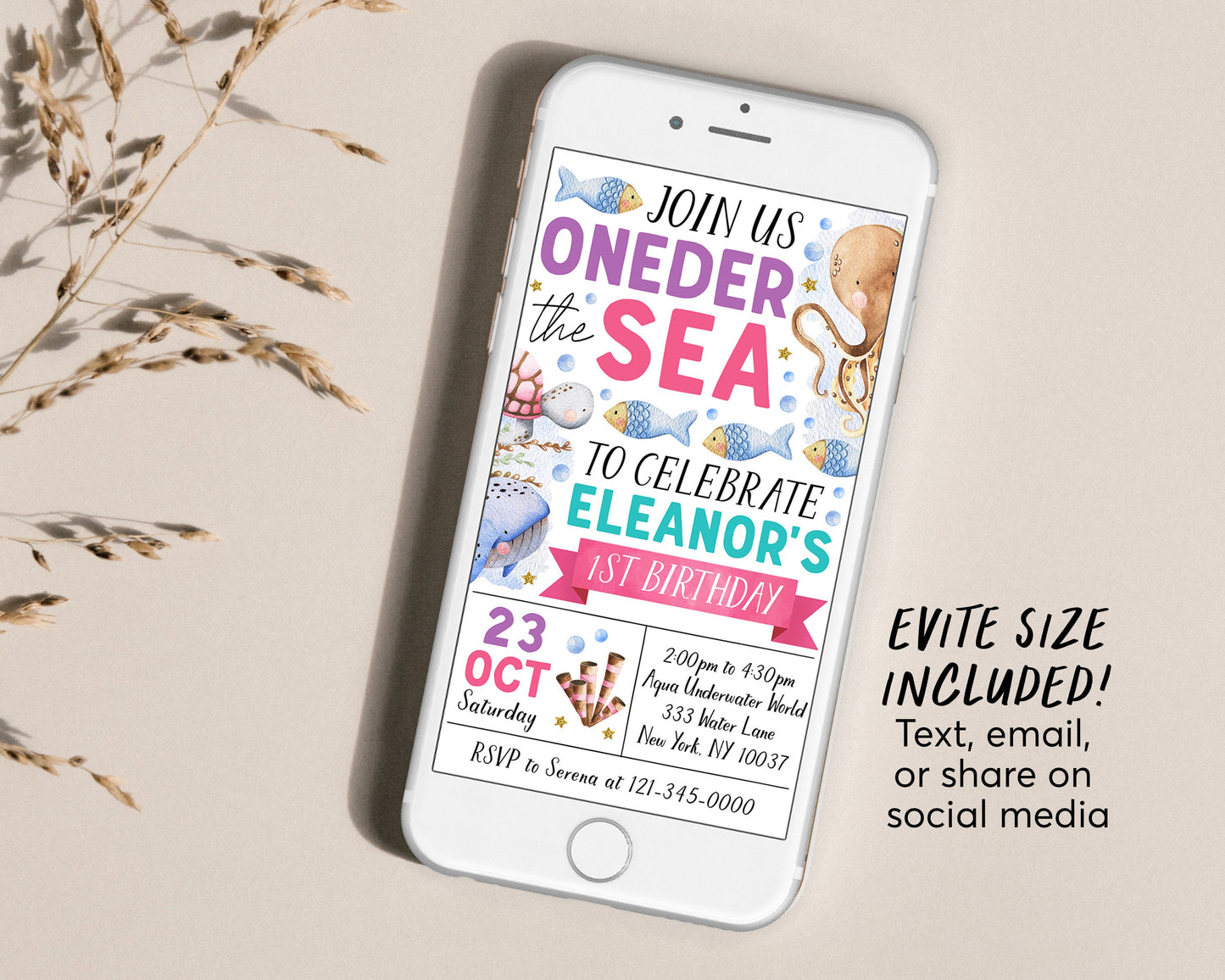 Oneder The Sea First Birthday Invitation Editable Template, Girl Pink Under The Sea 1st Birthday Party Invite, Aquarium Trip Sea Evite