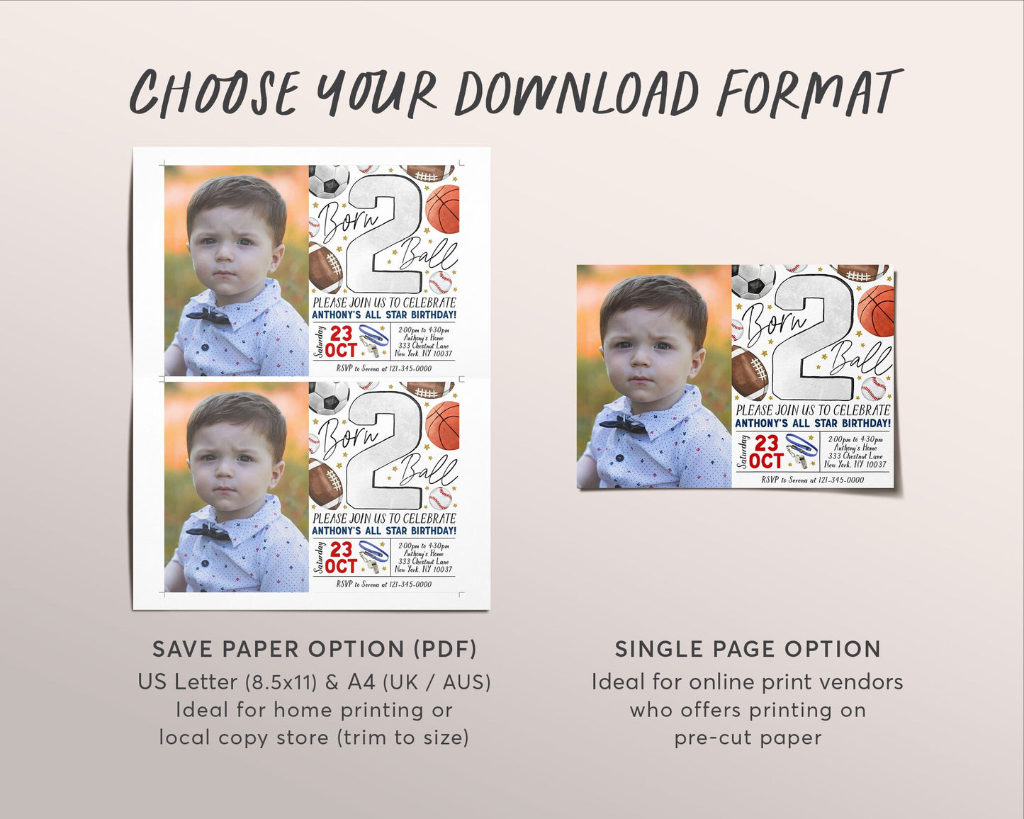 Born 2 Ball Birthday Invitation With Photo Editable Template, Boy Born Two Ball All Star 2nd Birthday Party Invite, Kids Sports Theme Evite
