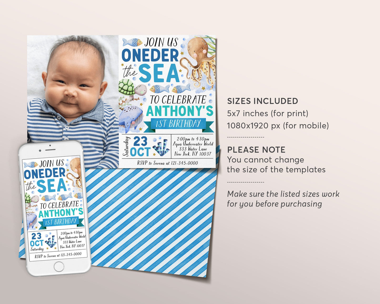 Oneder The Sea First Birthday Invitation With Photo Editable Template, Unisex Under The Sea 1st Birthday Party Invite, Aquarium Trip Evite