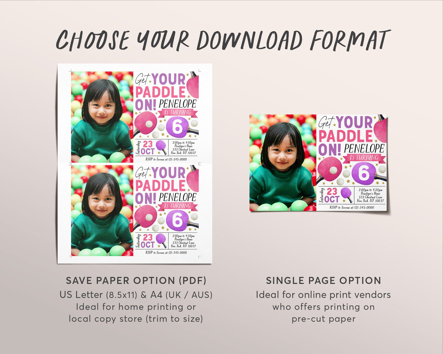 Ping Pong Birthday Invitation With Photo Editable Template, Girl Table Tennis Theme Party Invite Evite, Indoor Tennis Game Match Tournament