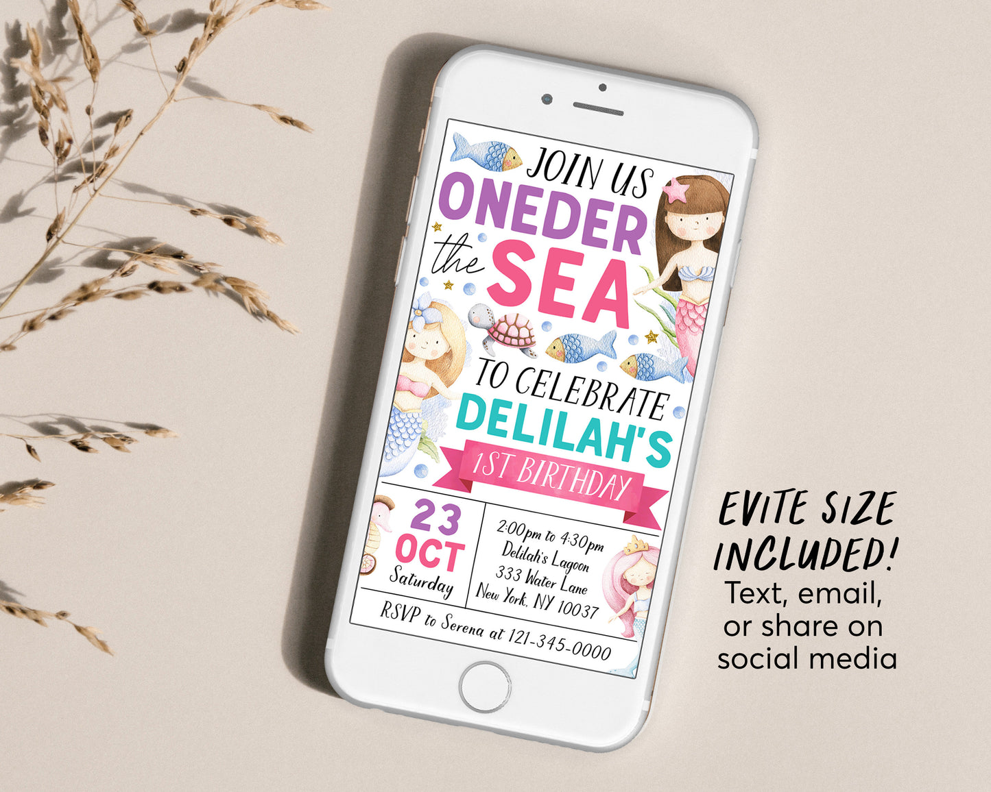 Oneder The Sea Mermaid First Birthday Invitation With Photo Editable Template, Under The Sea Little Mermaid 1st Birthday Party Invite Evite