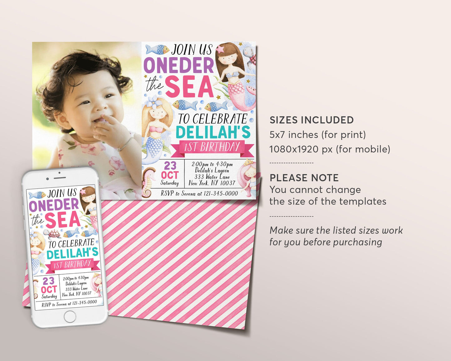 Oneder The Sea Mermaid First Birthday Invitation With Photo Editable Template, Under The Sea Little Mermaid 1st Birthday Party Invite Evite