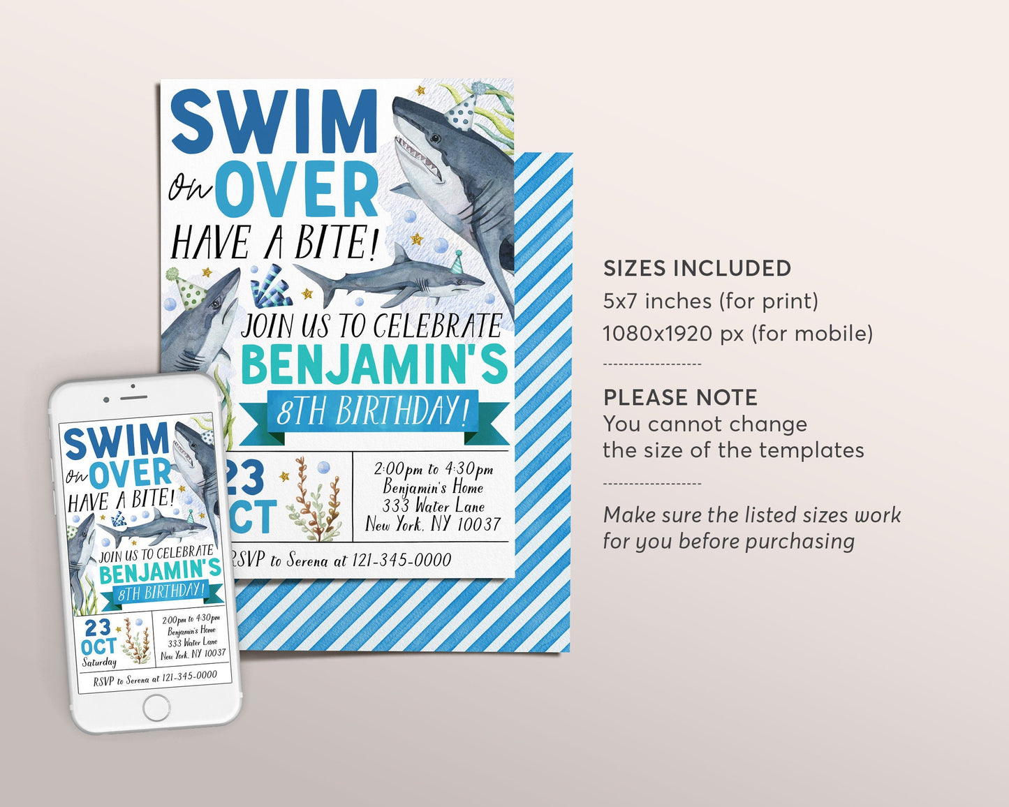 Shark Birthday Invitation Editable Template, Shark Attack Underwater Party Invite, Aquarium Trip Under The Sea Pool Party Swimming Evite