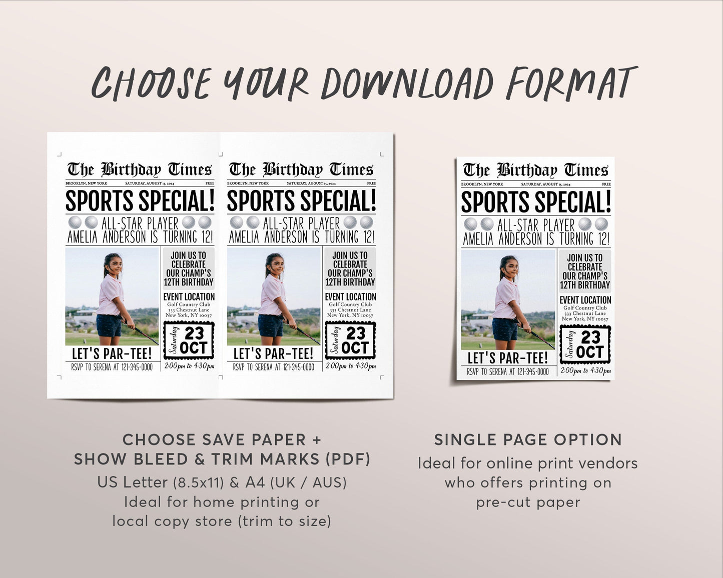 Golf Birthday Invitation With Photo Editable Template, Newspaper Golf Theme Party Invite, Sports Theme Evite Mini Golf Tournament Par-Tee