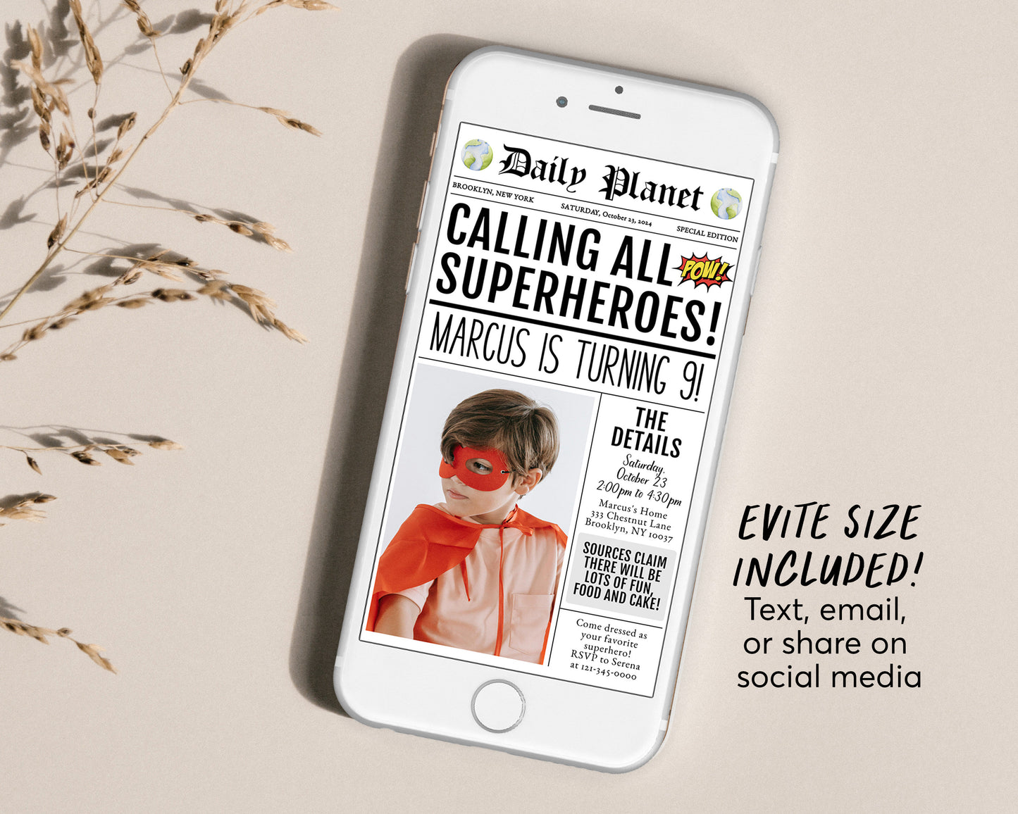 Superhero Newspaper Invitation With Photo Editable Template, Superhero Birthday Theme Party Invite, Unique Hero Evite Printable Superheroes