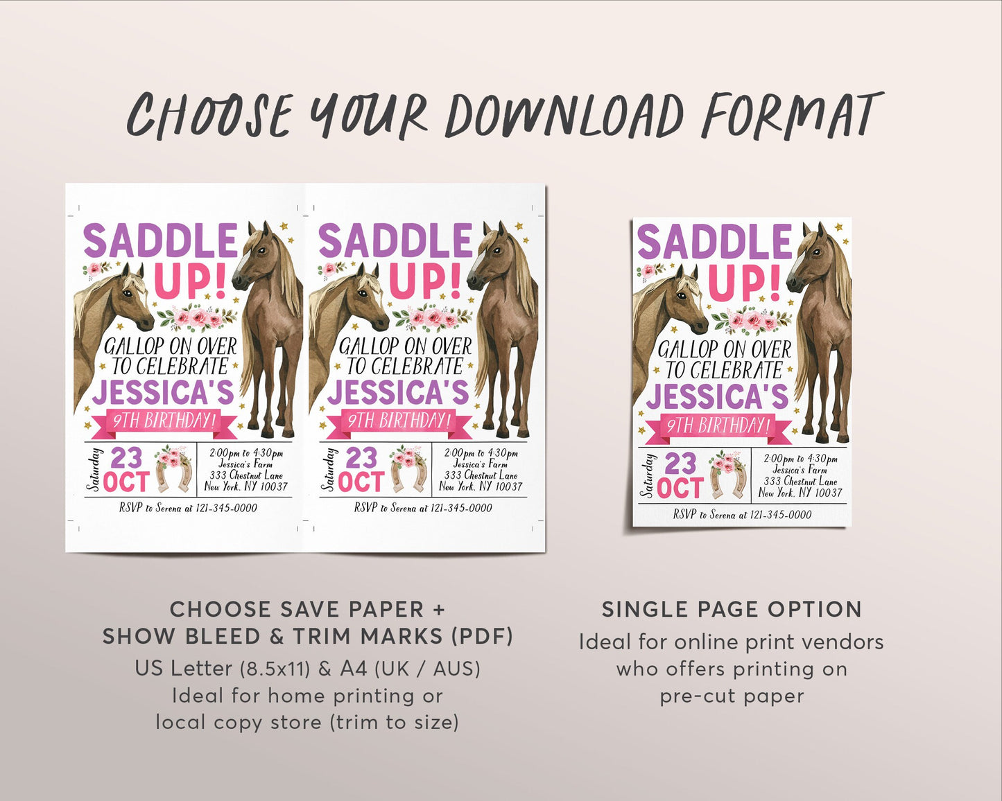 Horse Birthday Invitation Editable Template, Cowgirl Horse Girl Equestrian Party Invite, Saddle Up Farm Floral Wild Horses Rodeo Evite