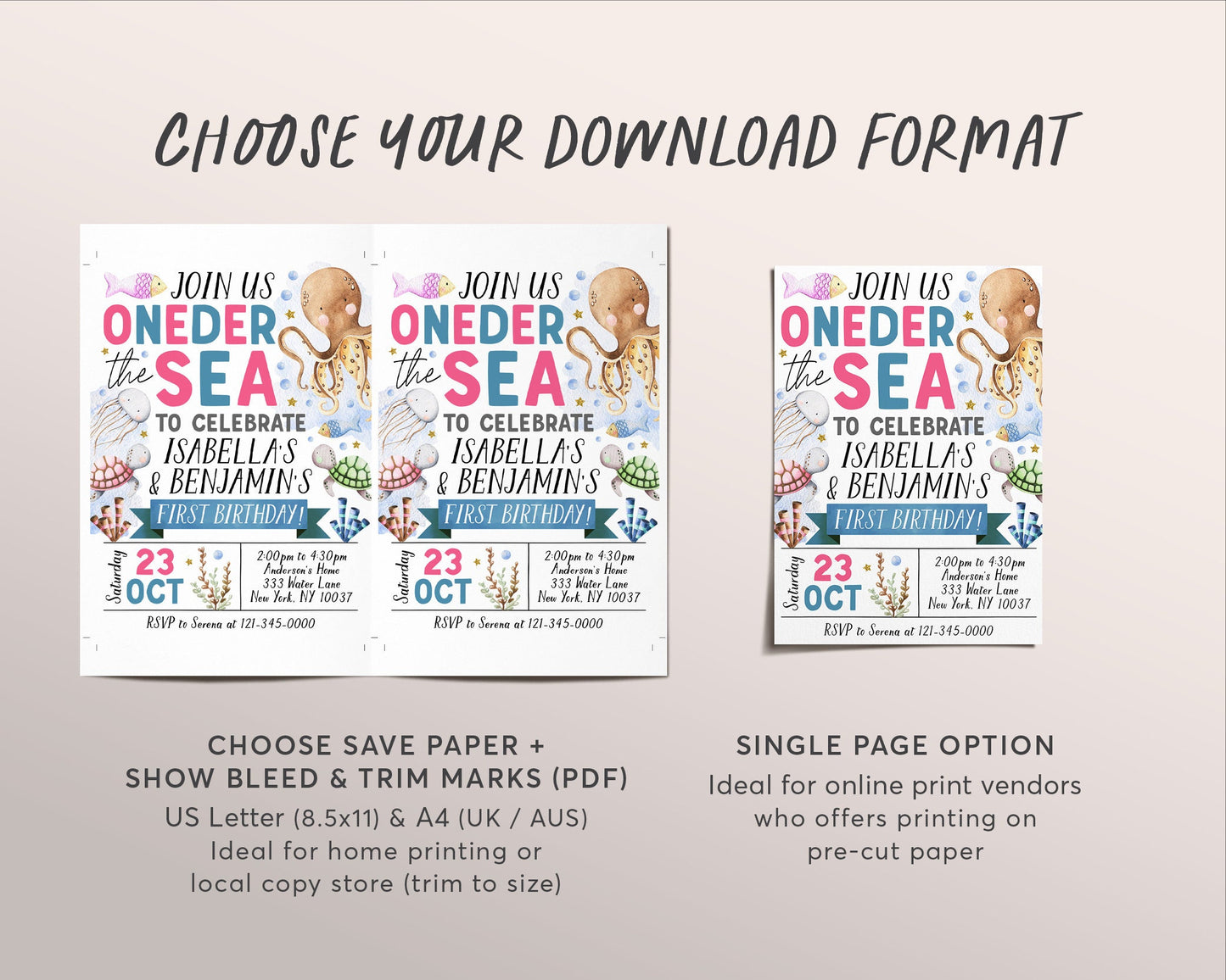 Oneder The Sea Twins First Birthday Invitation Editable Template, Siblings One-der The Sea Joint 1st Birthday Party Invite, Under The Sea