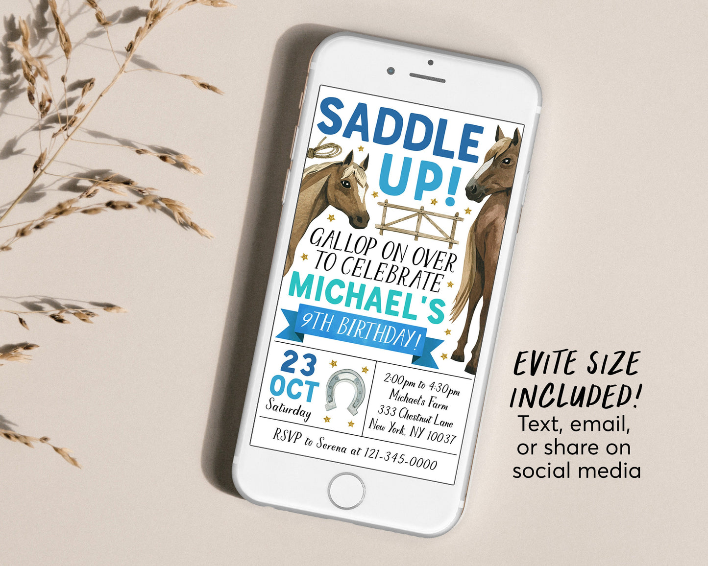 Horse Birthday Invitation With Photo Editable Template, Cowboy Horse Boy Equestrian Party Invite, Saddle Up Farm Country Western Rodeo Evite