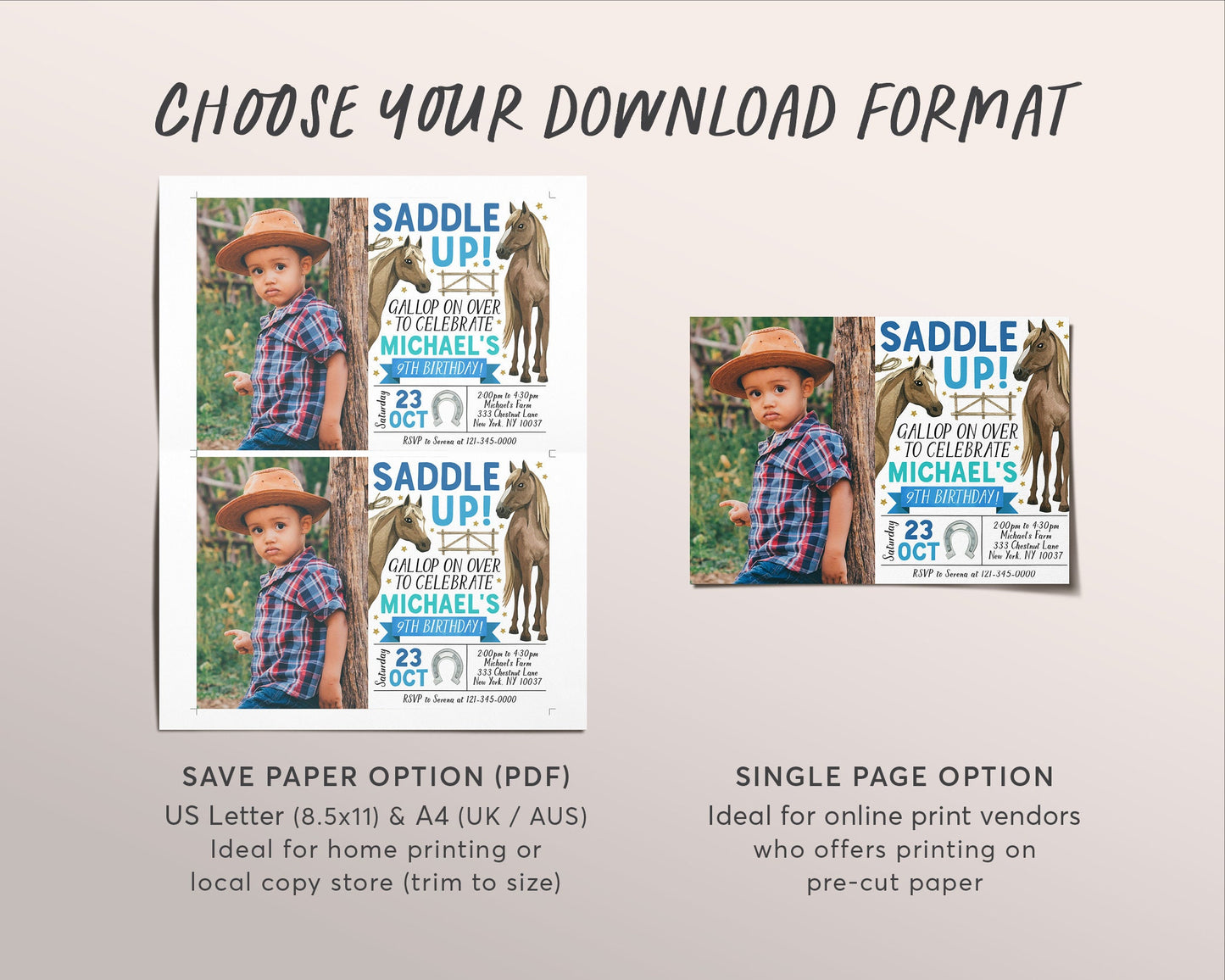 Horse Birthday Invitation With Photo Editable Template, Cowboy Horse Boy Equestrian Party Invite, Saddle Up Farm Country Western Rodeo Evite
