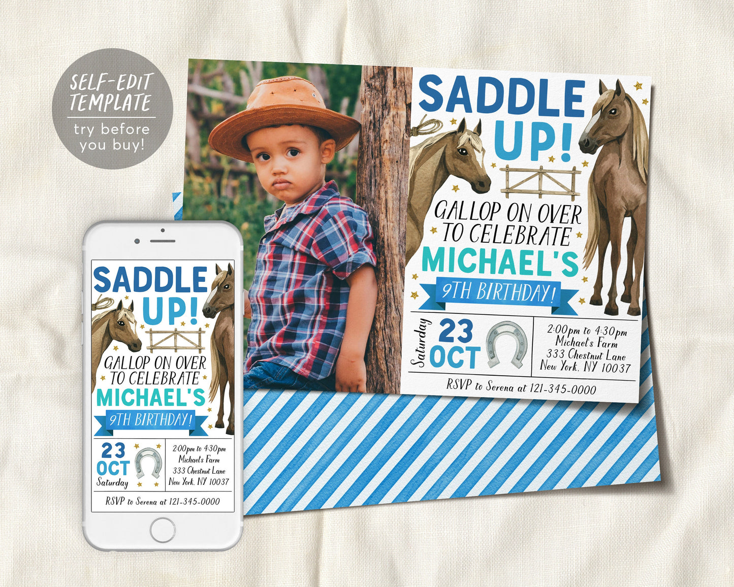 Horse Birthday Invitation With Photo Editable Template