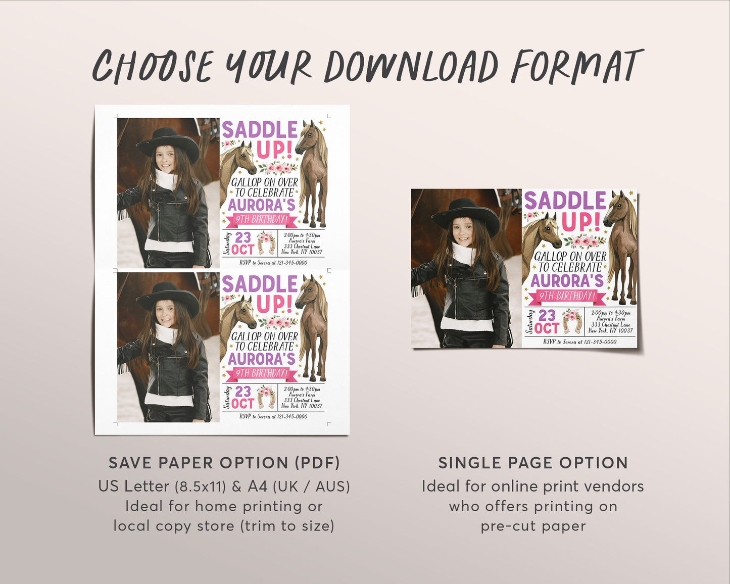 Horse Birthday Invitation With photo Editable Template, Cowgirl Girl Equestrian Party Invite, Saddle Up Farm Floral Wild Horses Rodeo Evite