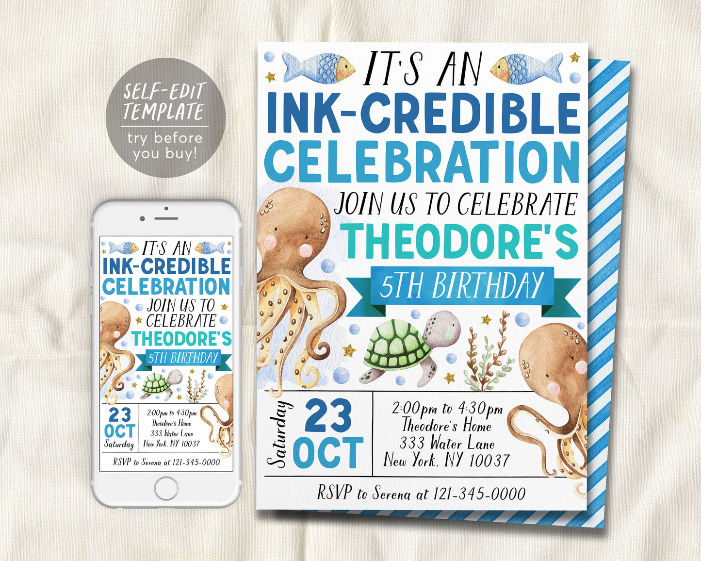 Octopus Birthday Invitation Editable Template