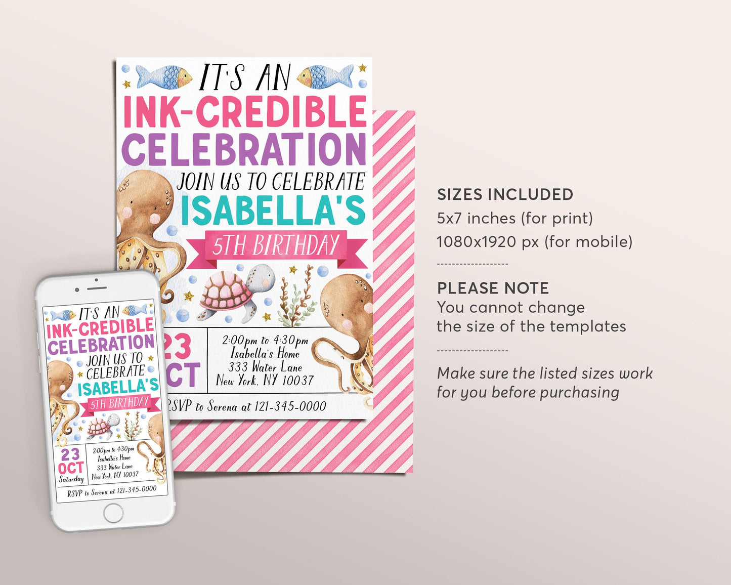 Octopus Birthday Invitation Editable Template, Girl Under The Sea Birthday Party Invite, Ink-credible Celebration Octopus Pool Party Evite