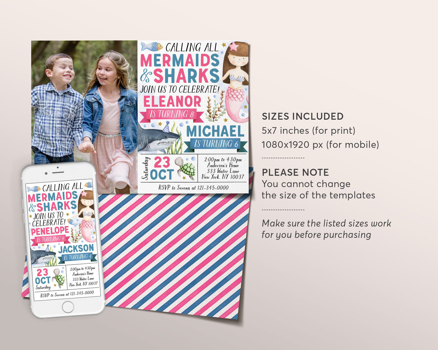 Mermaids and Sharks Joint Siblings Birthday Invitation With Photo Editable Template, Girl And Boy Mermaid and Shark Theme Party Invite
