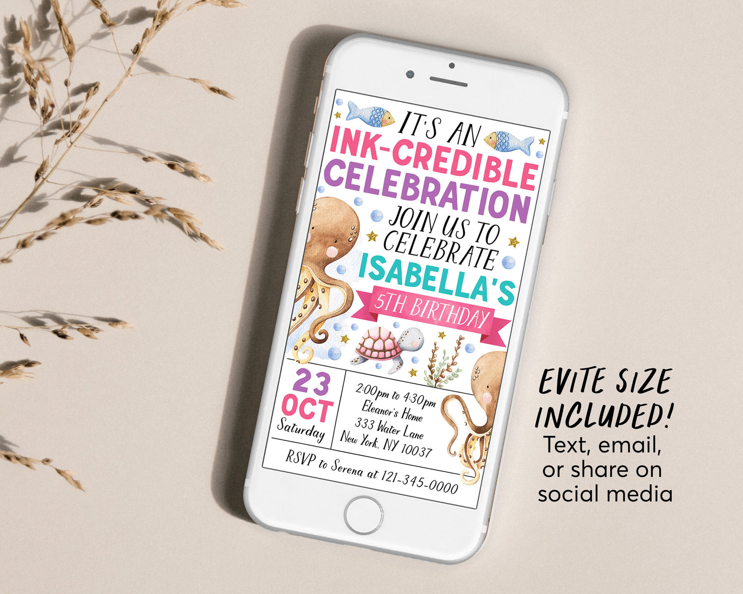 Octopus Birthday Invitation With Photo Editable Template, Girl Under The Sea Birthday Party Invite, Ink-credible Celebration Pool Party