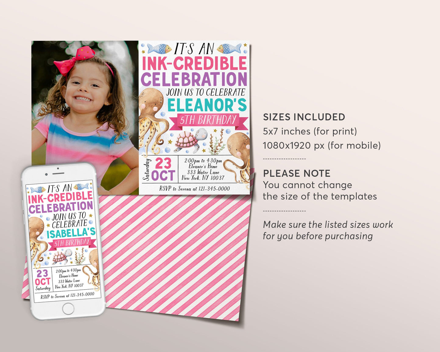 Octopus Birthday Invitation With Photo Editable Template, Girl Under The Sea Birthday Party Invite, Ink-credible Celebration Pool Party