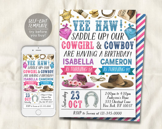 Rodeo Cowboy And Cowgirl Joint Siblings Birthday Invitation Editable Template