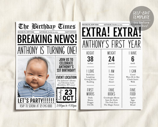 First Birthday Newspaper Invitation With Photo Editable Template