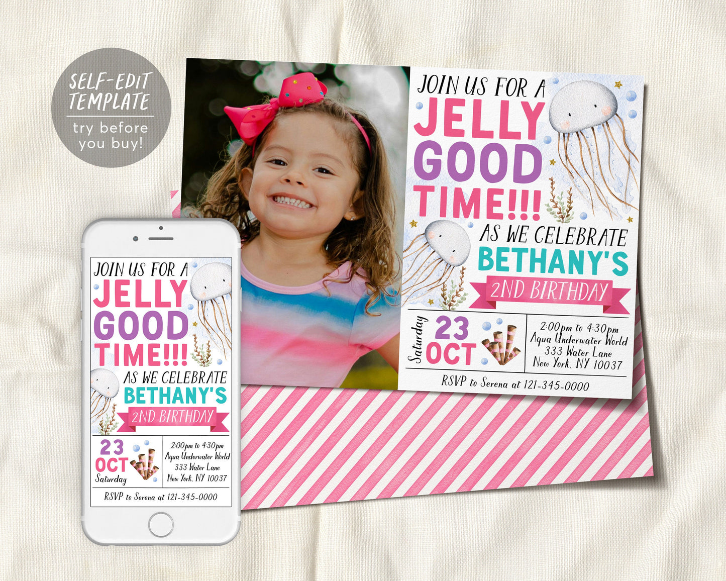 Jellyfish Birthday Invitation With Photo Editable Template