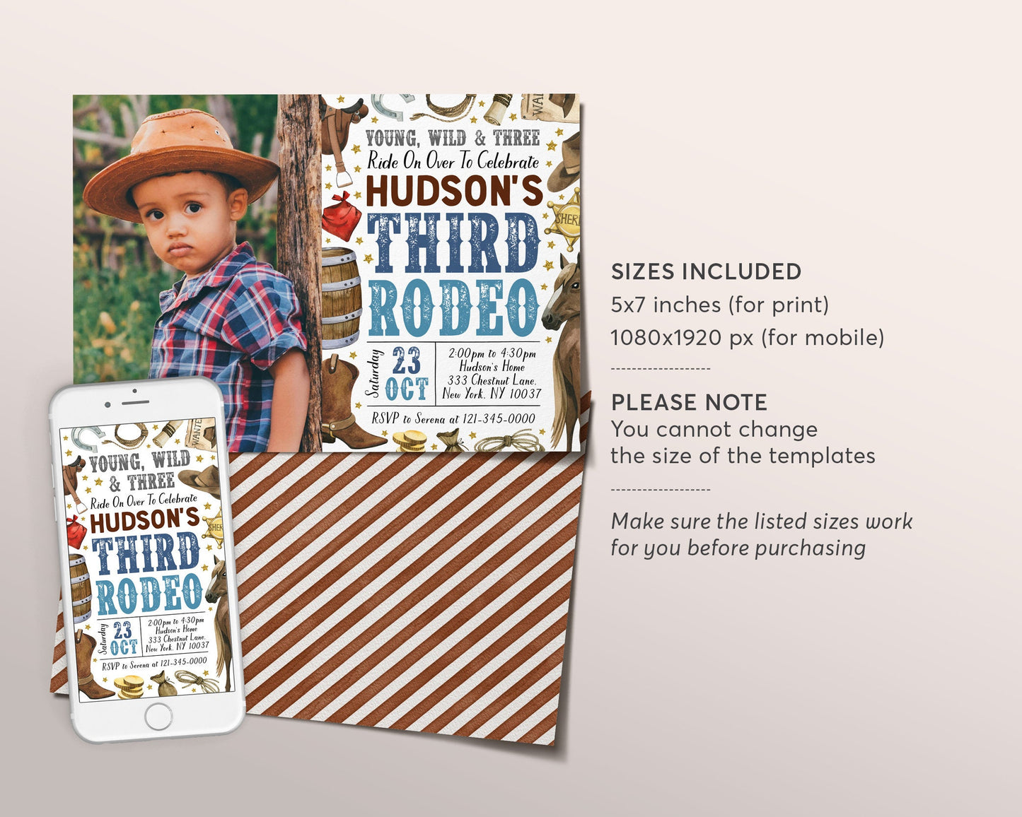 Third Rodeo Birthday Invitation With Photo Editable Template, Cowboy Young Wild And Three Party Invite, Ranch Southwestern Western Evite