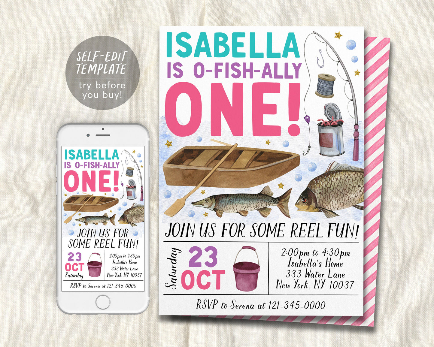 Fishing 1st Birthday Invitation Editable Template