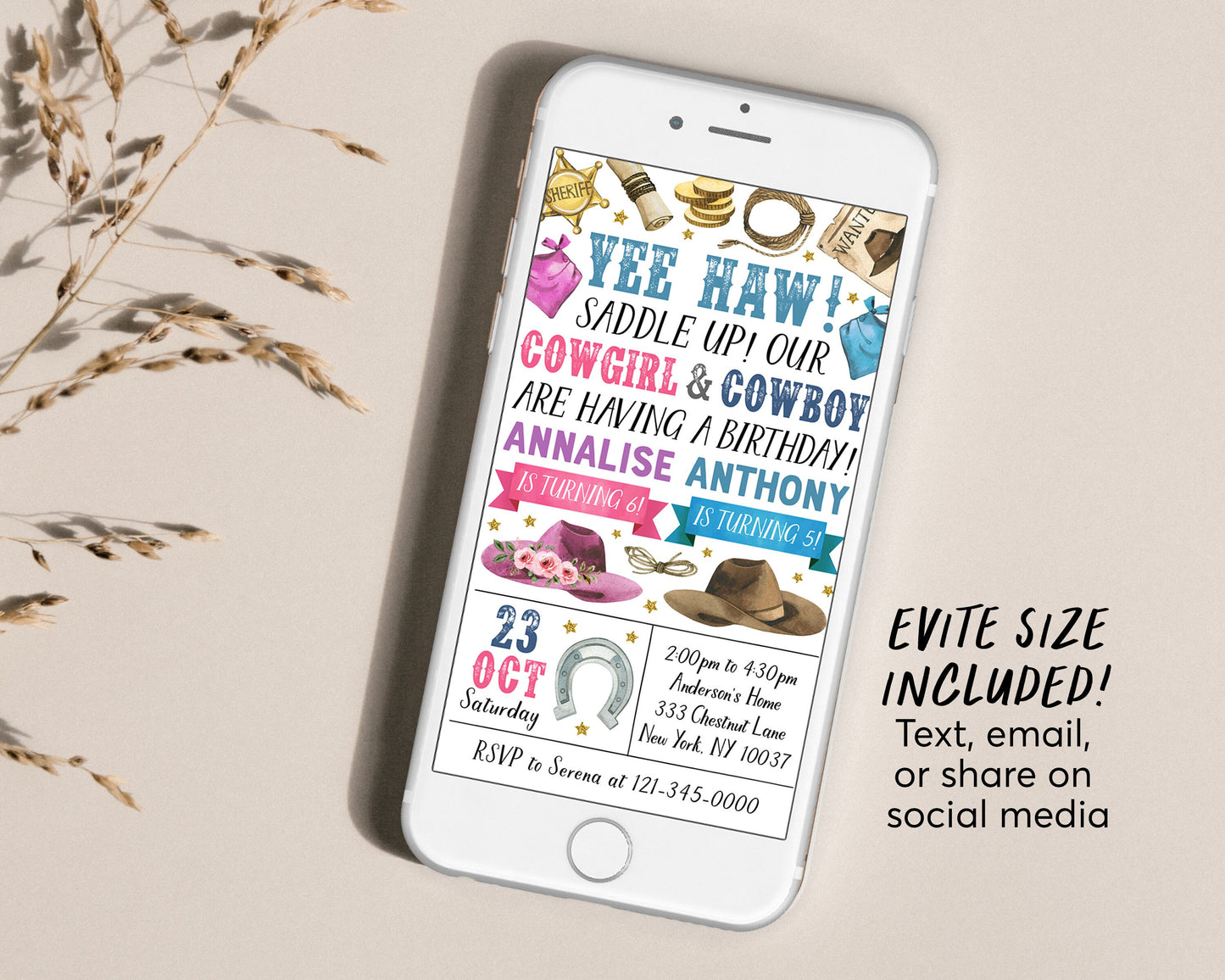 Rodeo Cowboy And Cowgirl Joint Siblings Birthday Invitation With Photo Editable Template, Boy Girl Country Western Party Invite Evite