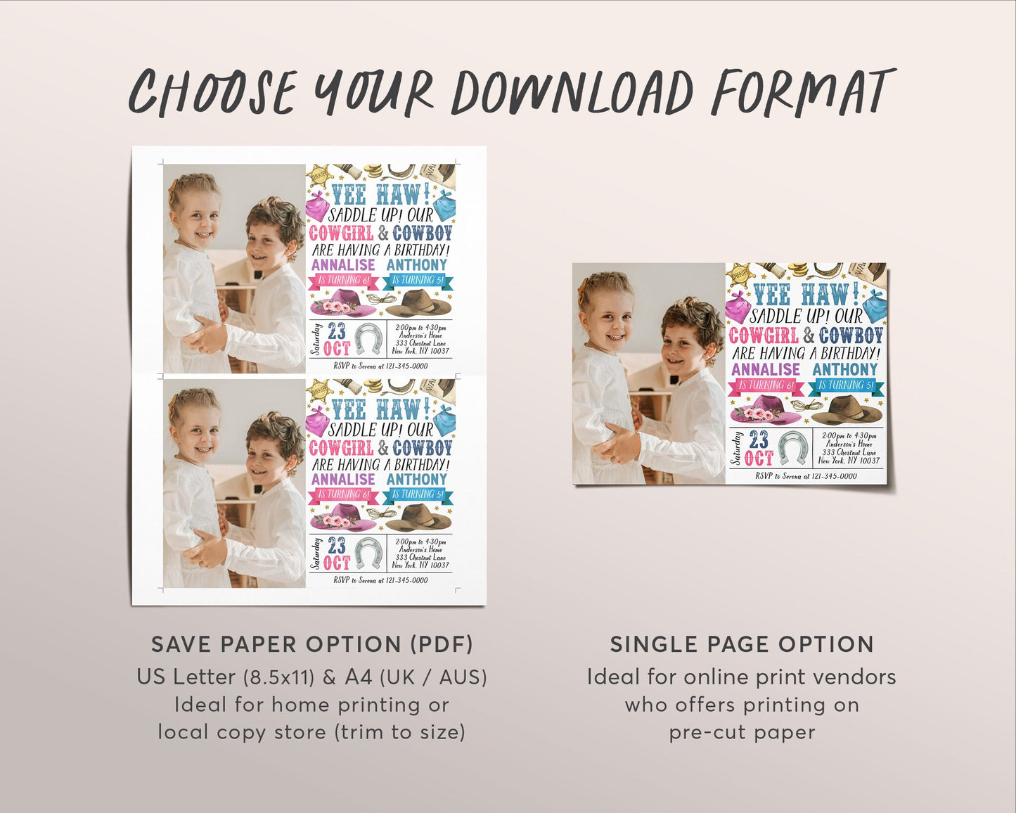 Rodeo Cowboy And Cowgirl Joint Siblings Birthday Invitation With Photo Editable Template, Boy Girl Country Western Party Invite Evite