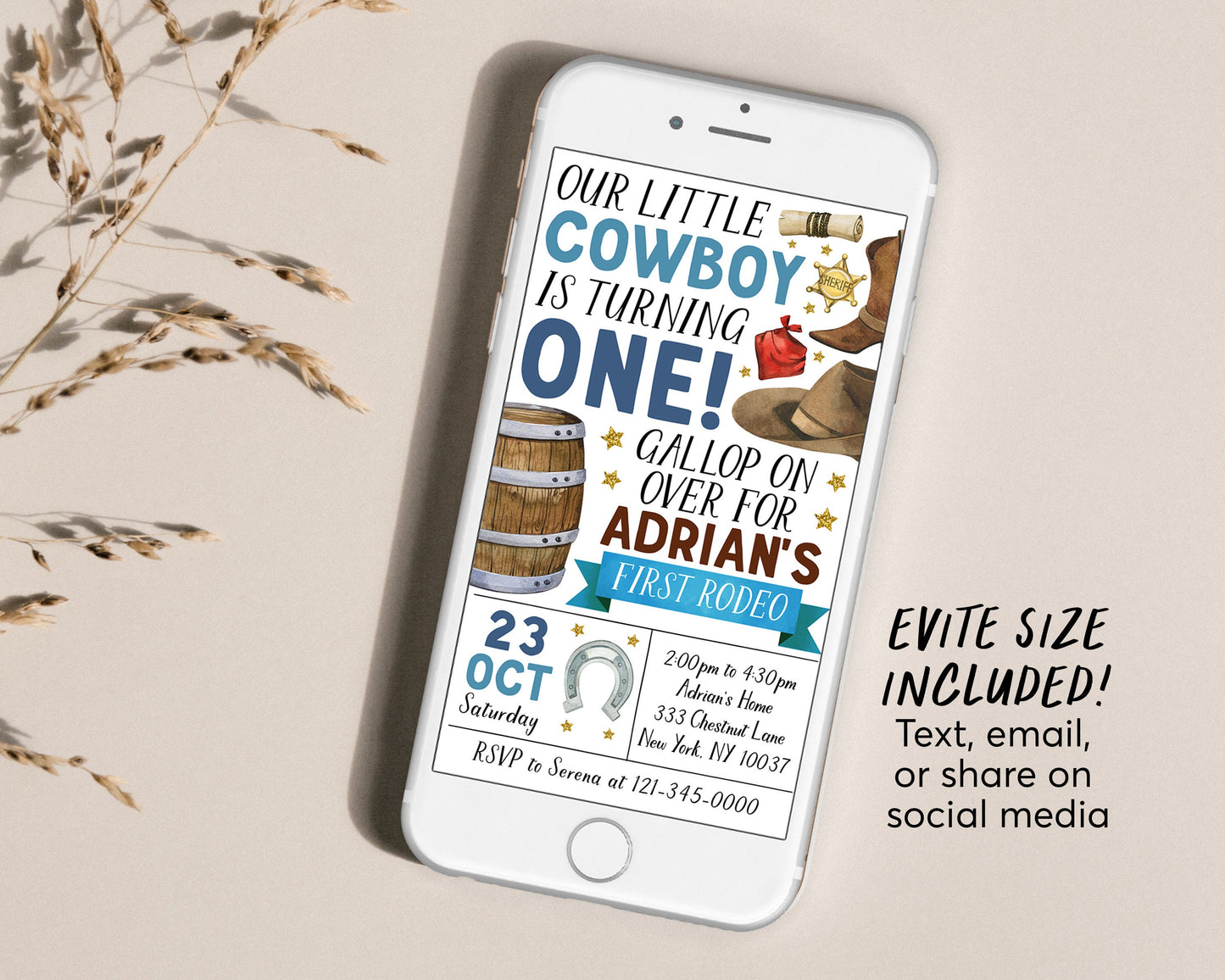 First Rodeo Birthday Invitation With Photo Editable Template, Cowboy 1st Birthday Party Invite, Boy Ranch Southwestern Country Western Evite