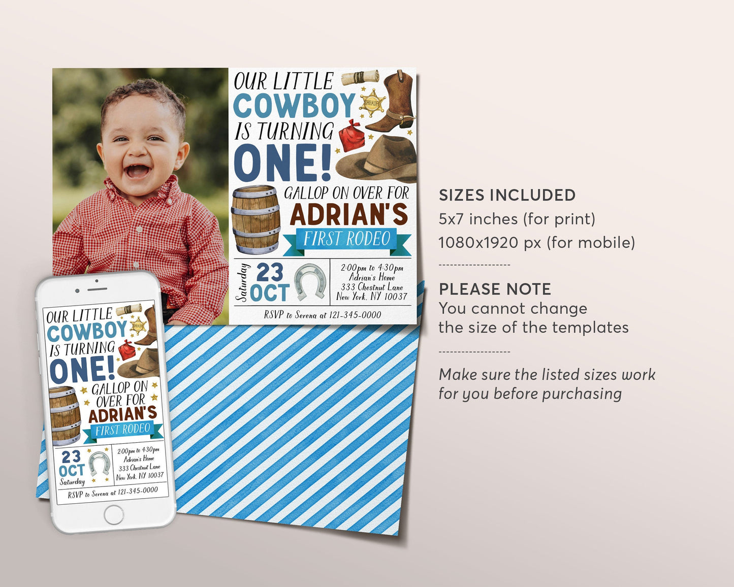 First Rodeo Birthday Invitation With Photo Editable Template, Cowboy 1st Birthday Party Invite, Boy Ranch Southwestern Country Western Evite