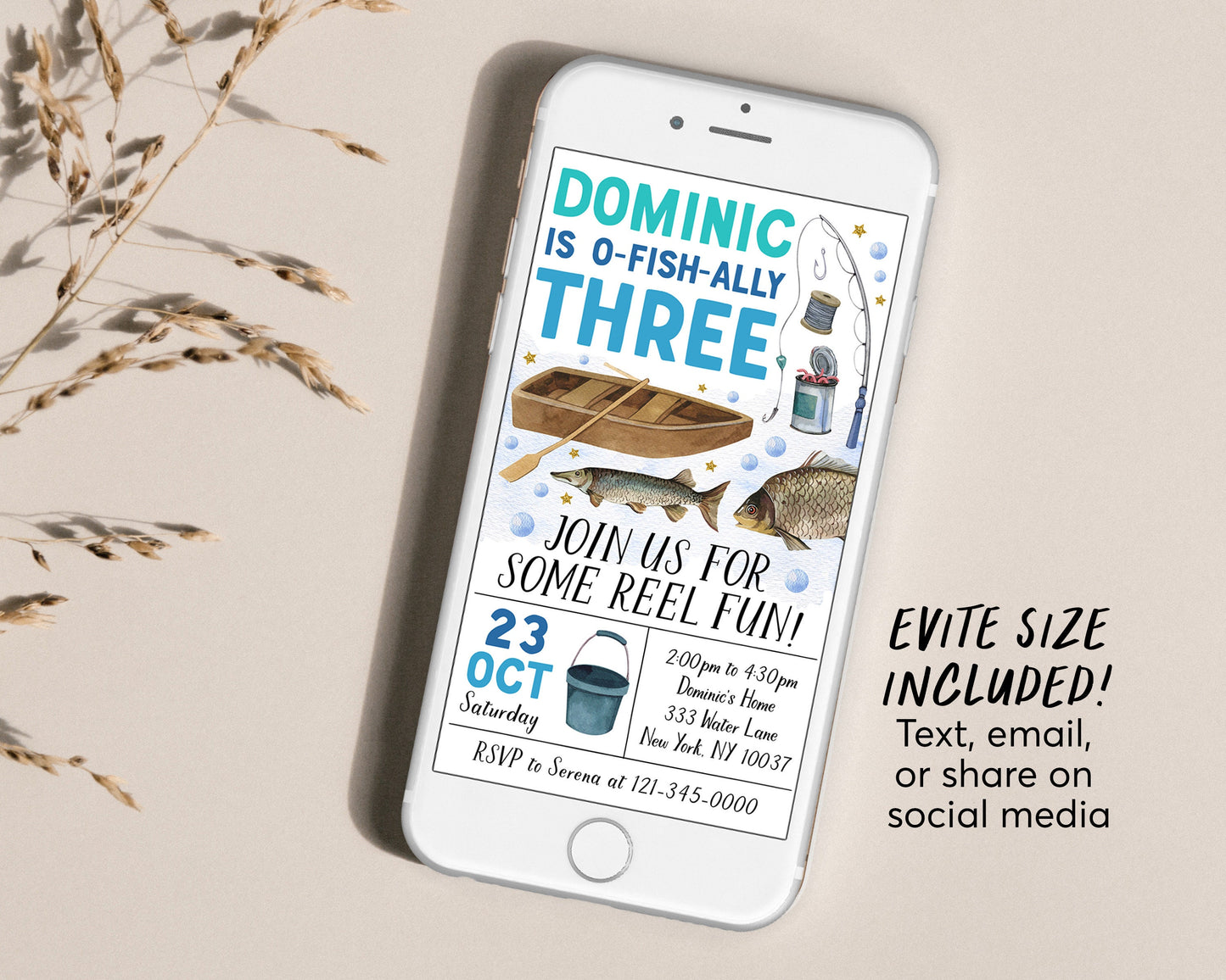 Fishing 3rd Birthday Invitation Editable Template, Boy O Fish Ally Third Birthday Party Invite, ANY AGE Ofishally Fly Fishing Reel Evite