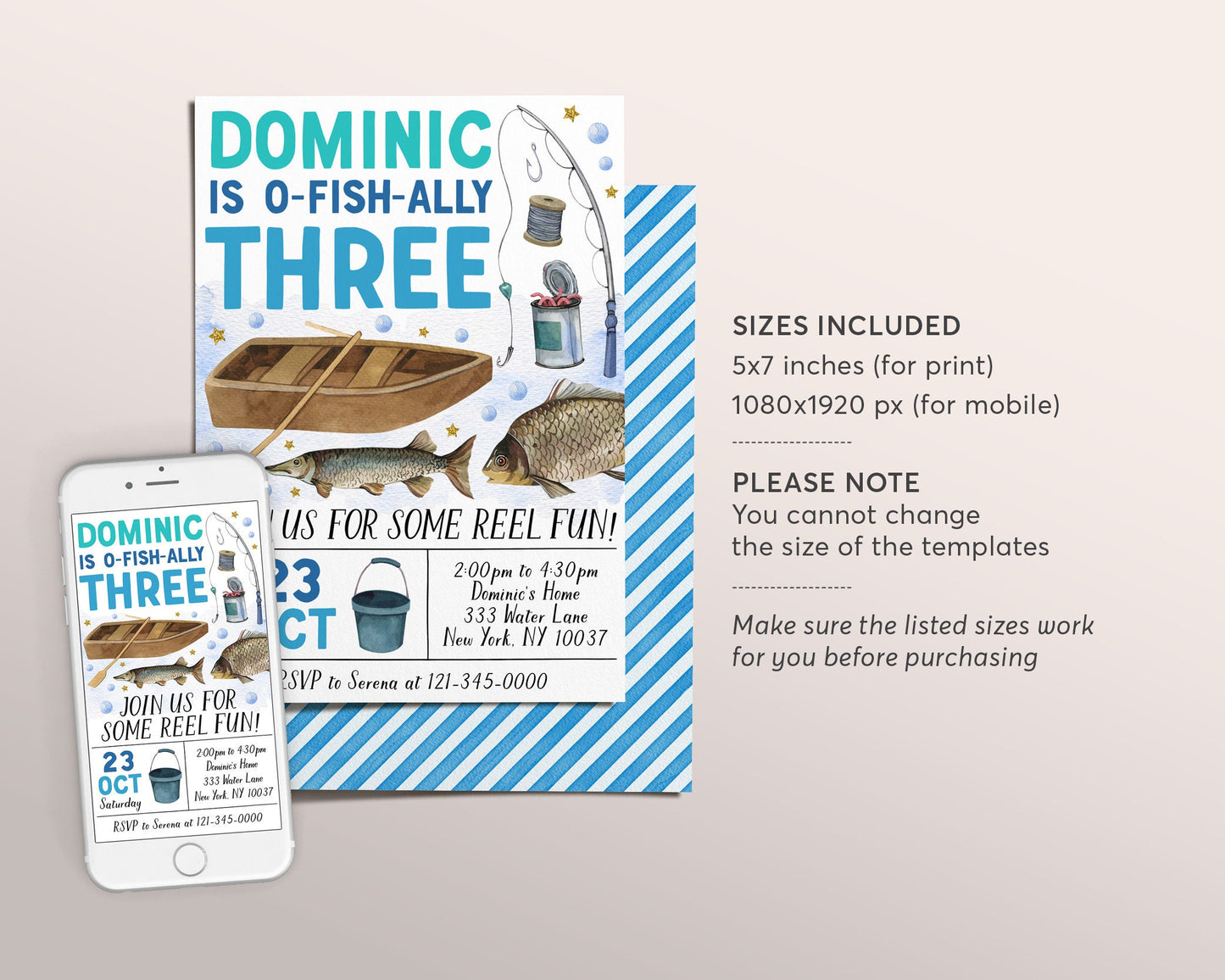 Fishing 3rd Birthday Invitation Editable Template, Boy O Fish Ally Third Birthday Party Invite, ANY AGE Ofishally Fly Fishing Reel Evite