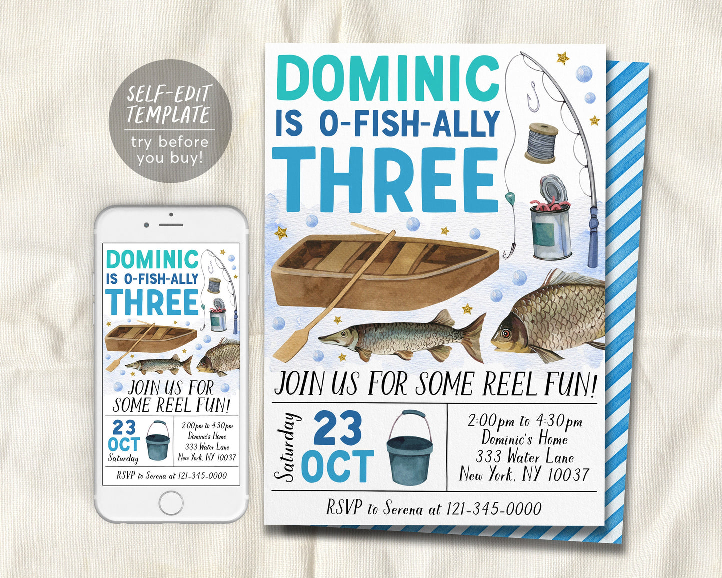 Fishing 3rd Birthday Invitation Editable Template