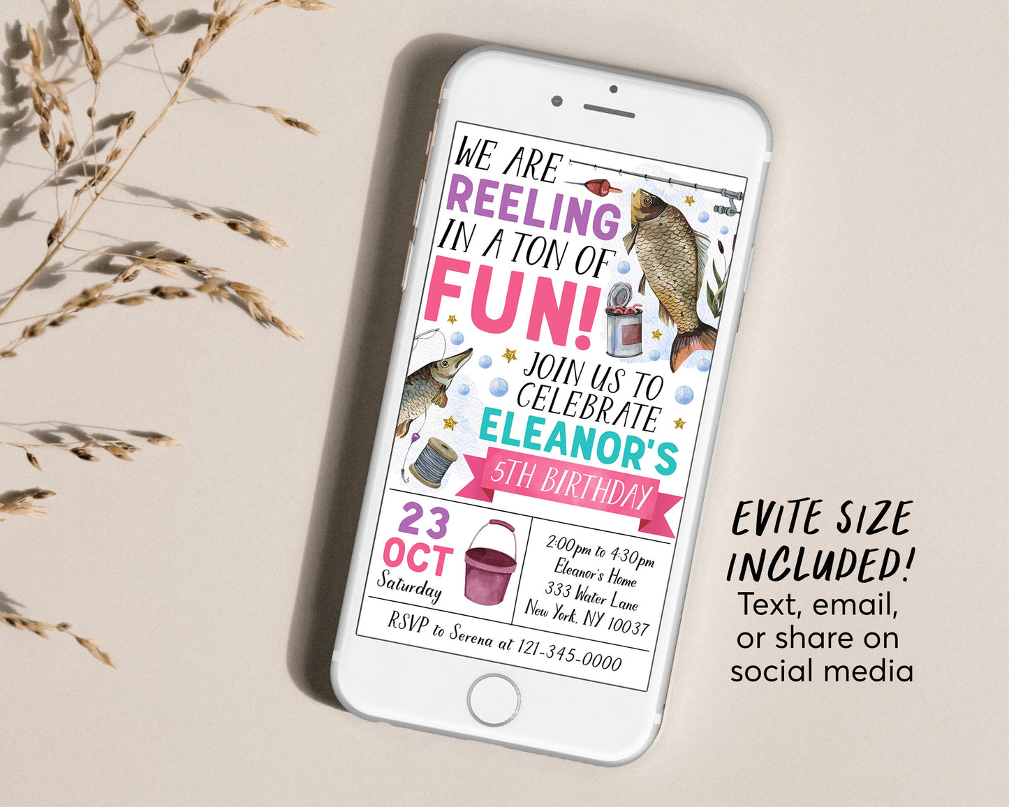 Fishing Birthday Invitation Editable Template, Girl Reeling In A Ton Of Fun Birthday Party Invite, ANY AGE Fish Party Fishing Reel Evite