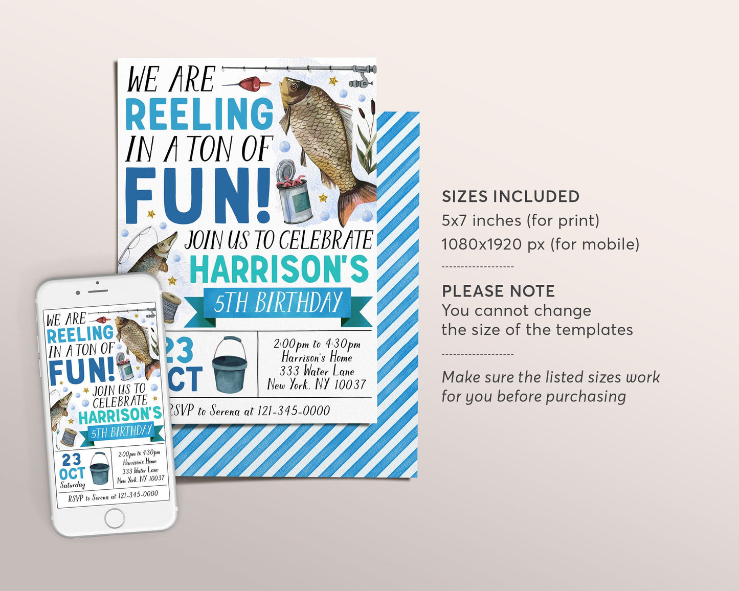 Fishing Birthday Invitation Editable Template, Boy Reeling In A Ton Of Fun Birthday Party Invite, ANY AGE Fish Party Fishing Reel Evite