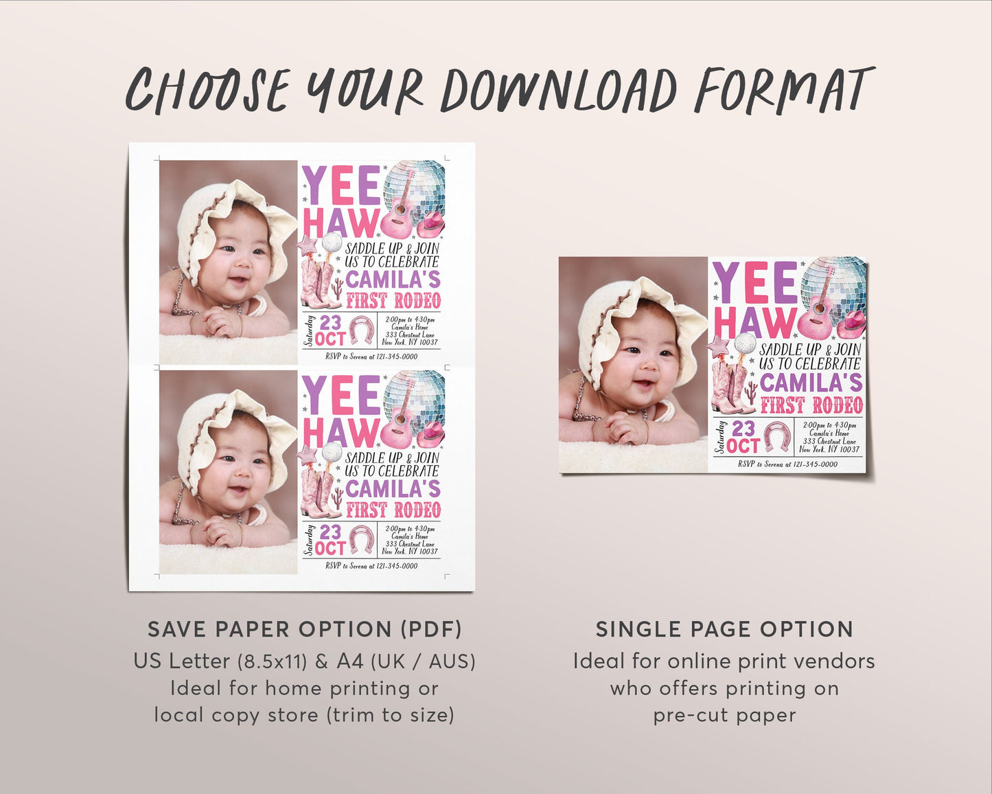 Space Cowgirl 1st Birthday With Photo Invitation Editable Template, Disco Cowgirl Party Invite, Girl First Rodeo Yee Haw Ranch Southwestern