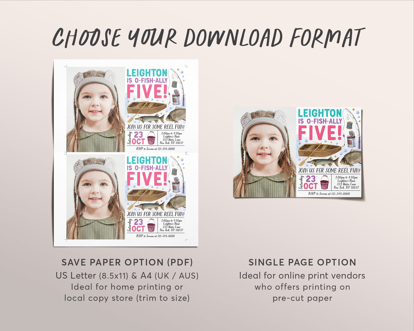 Fishing 5th Birthday Invitation With Photo Editable Template, Girl O Fish Ally Fifth Birthday Party Invite, ANY AGE Ofishally Reel Evite