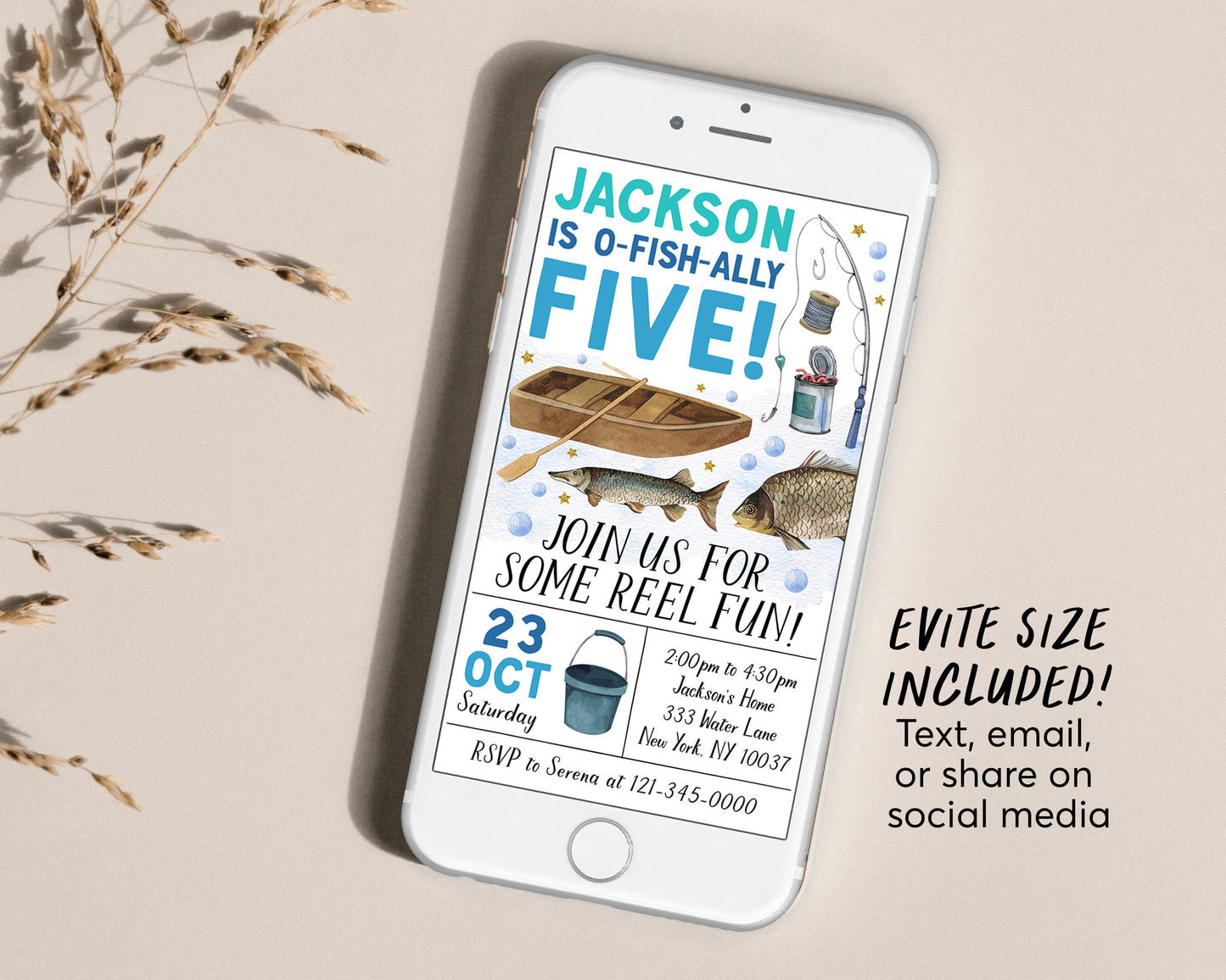 Fishing 5th Birthday Invitation With Photo Editable Template, O Fish Ally Fifth Birthday Party Invite, ANY AGE Ofishally Fly Fishing Evite