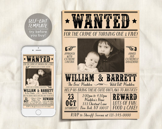 Wanted Poster Joint Siblings Invitation With Photo Editable Template