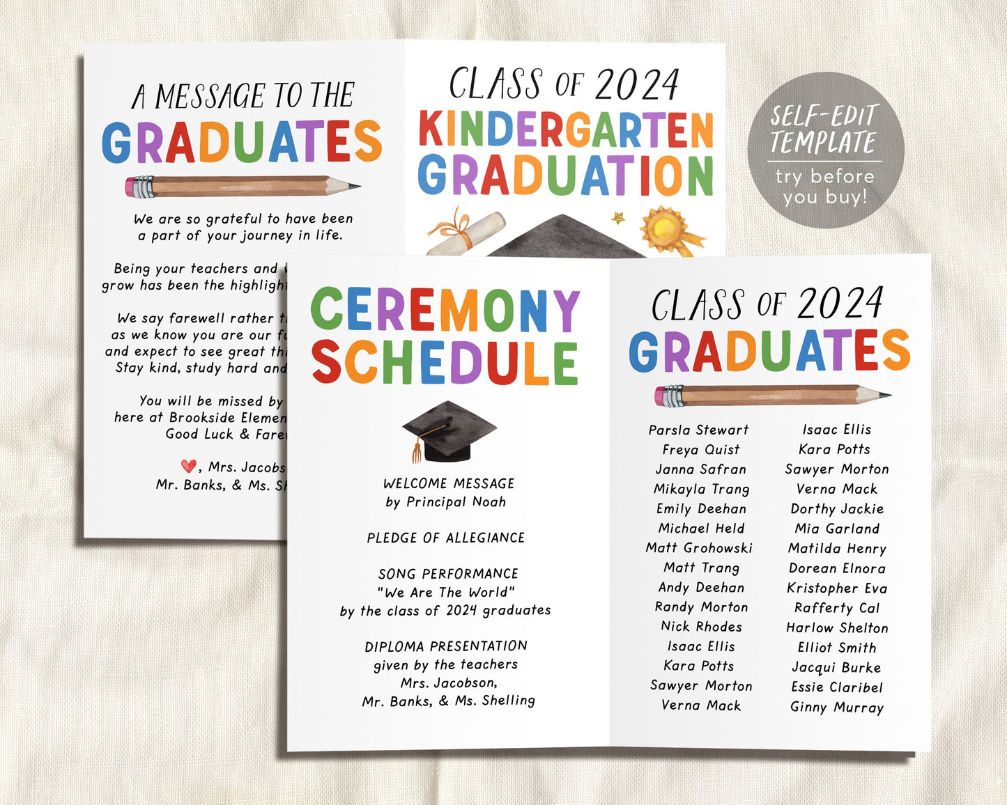 Kindergarten Graduation Program Editable Template, Pre-K Preschool Ceremony Child Care Learning Center, Pamphlet Booklet Commencement