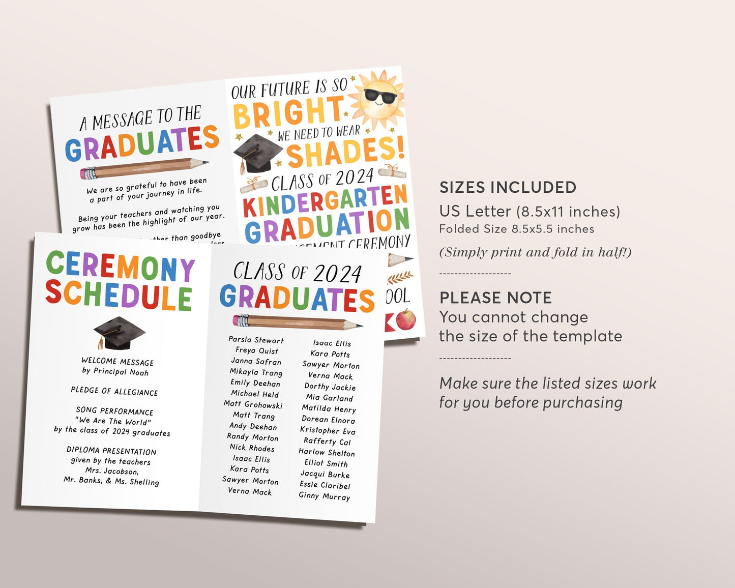 Kindergarten Graduation Program Editable Template, Pre-K Preschool Ceremony Future Is So Bright, Child Care Learning Center Pamphlet