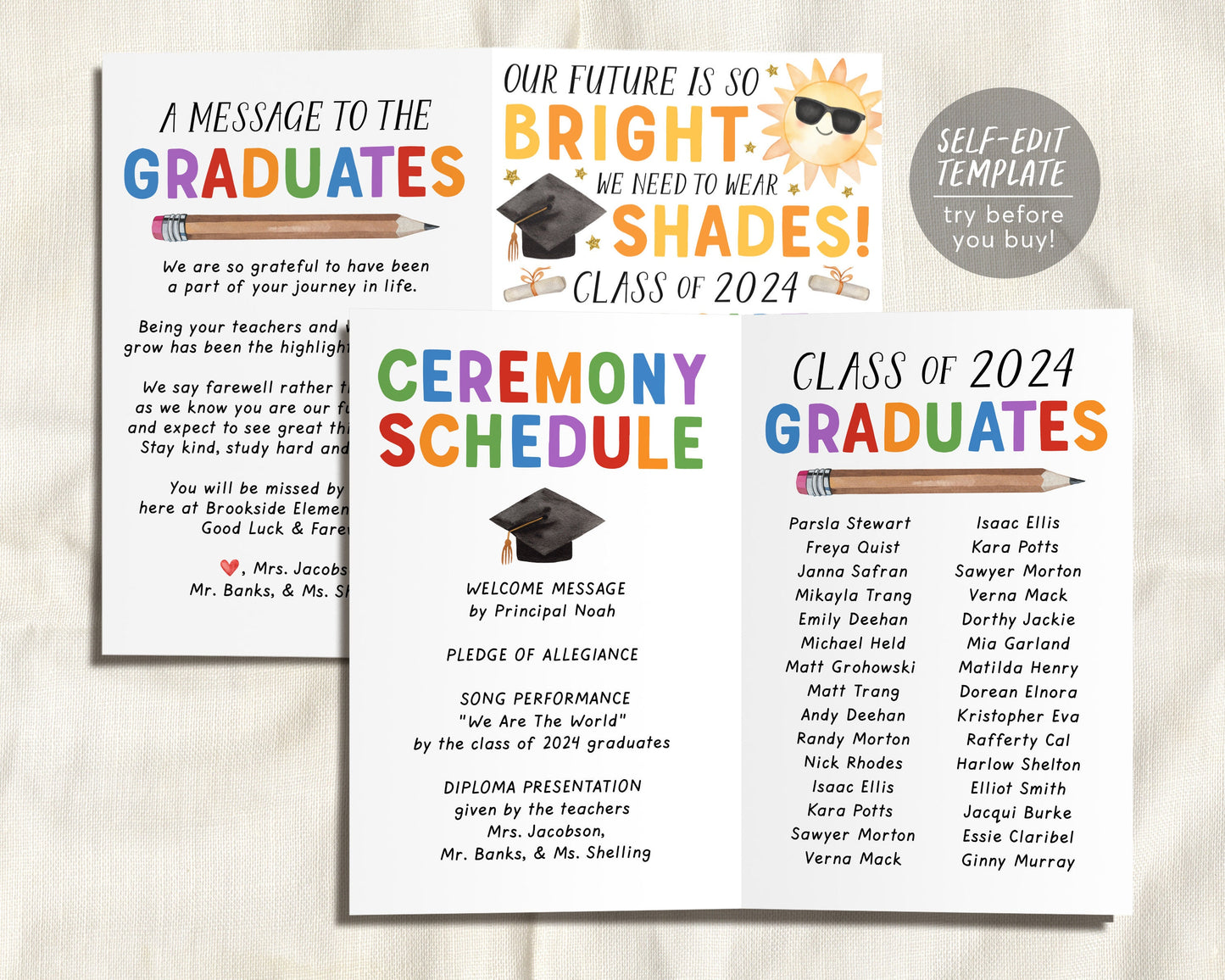 Kindergarten Graduation Program Editable Template, Pre-K Preschool Ceremony Future Is So Bright, Child Care Learning Center Pamphlet