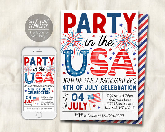 4th of July Invitation Editable Template