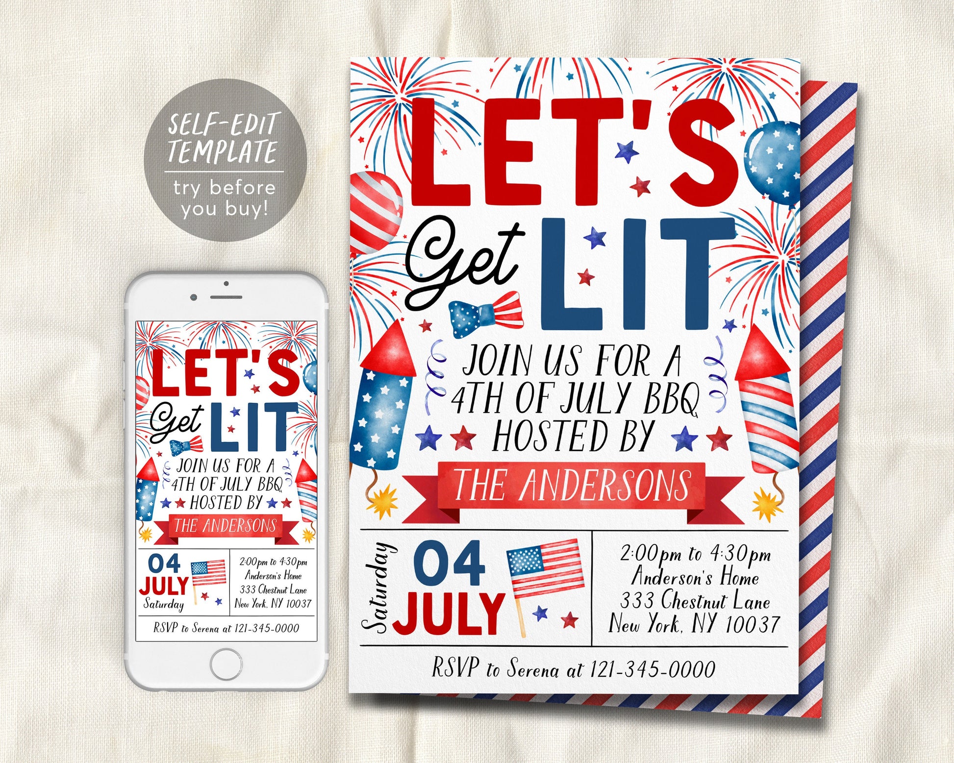 4th of July Invitation Editable Template