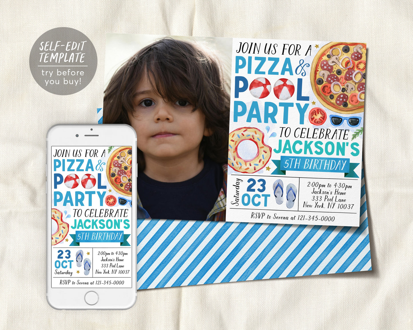 Pizza Pool Party Birthday Invitation With Photo Editable Template