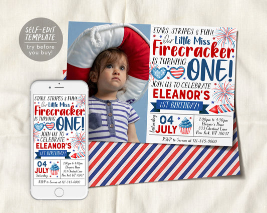 4th of July 1st Birthday Invitation With Photo Editable Template