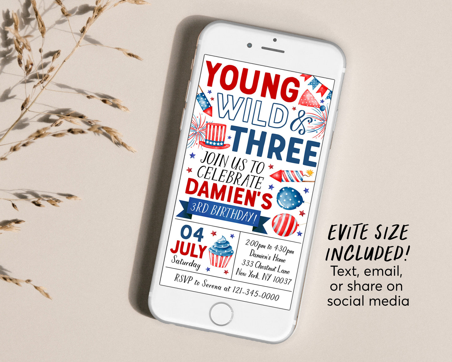 4th of July 3rd Birthday Invitation With Photo Editable Template, Young Wild and Three Third Birthday Patriotic Party BBQ Invite Evite