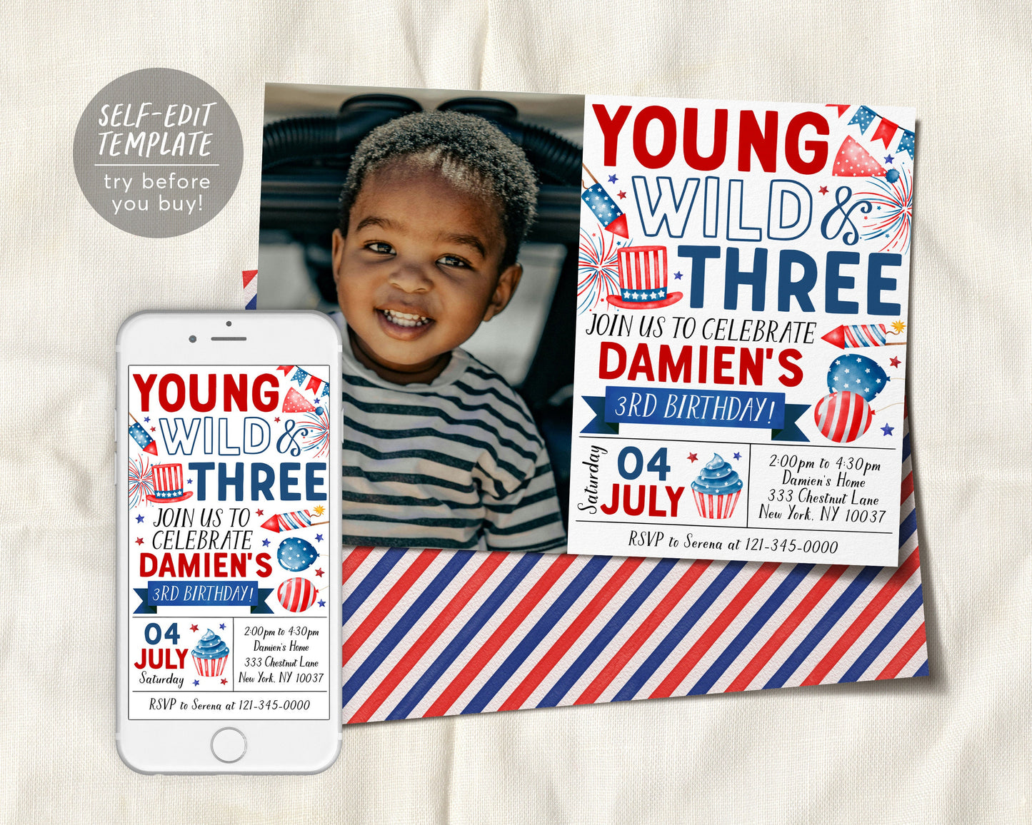 4th of July 3rd Birthday Invitation With Photo Editable Template