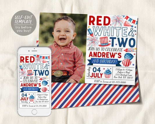 4th of July 2nd Birthday Invitation With Photo Editable Template, Red White and Two Second Birthday Patriotic Party BBQ Invite Evite