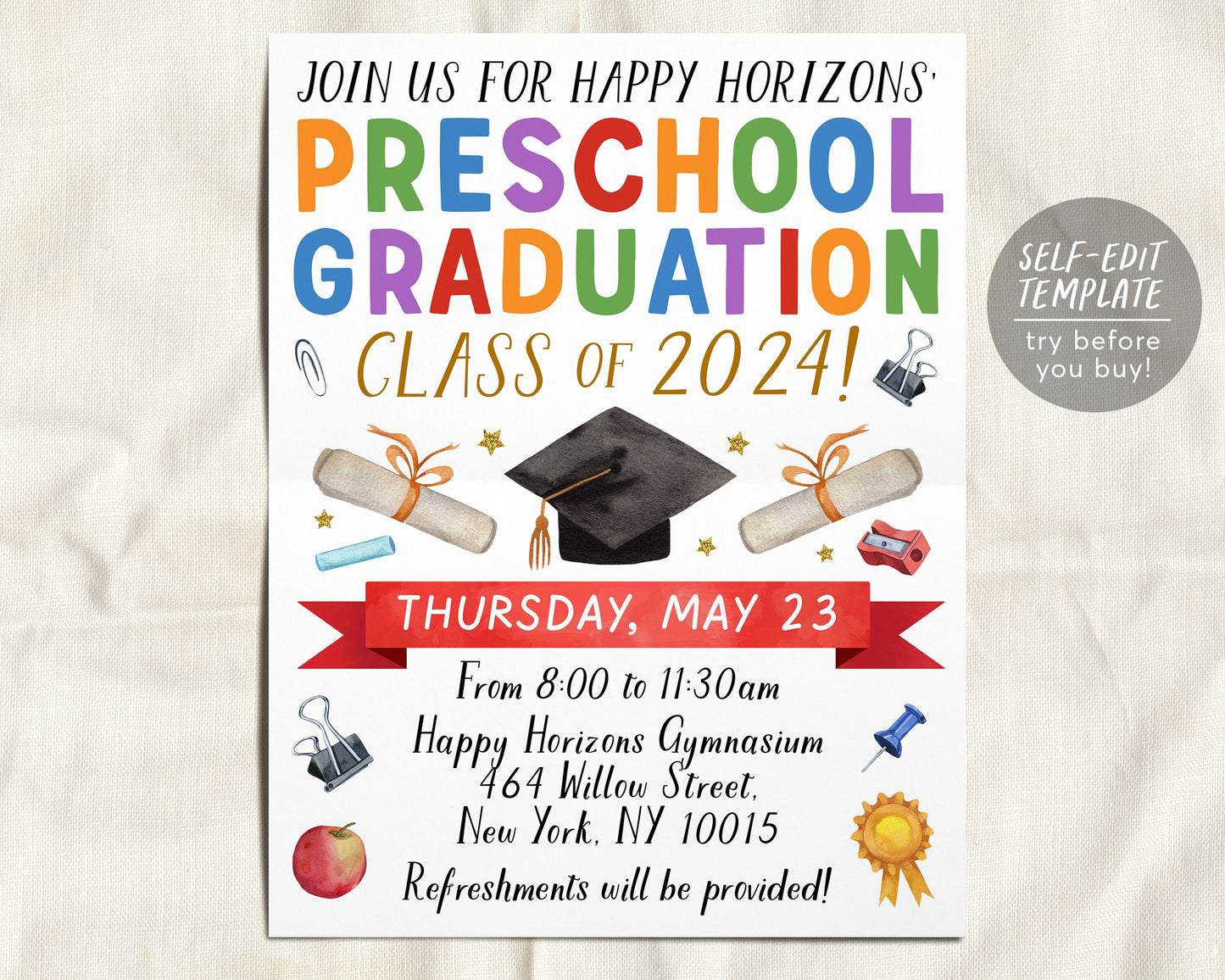 Preschool Graduation Invitation Flyer Editable Template, Pre-K Kindergarten Class Graduation Announcement, Graduation Ceremony Invite Evite
