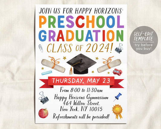 Preschool Graduation Invitation Flyer Editable Template, Pre-K Kindergarten Class Graduation Announcement, Graduation Ceremony Invite Evite